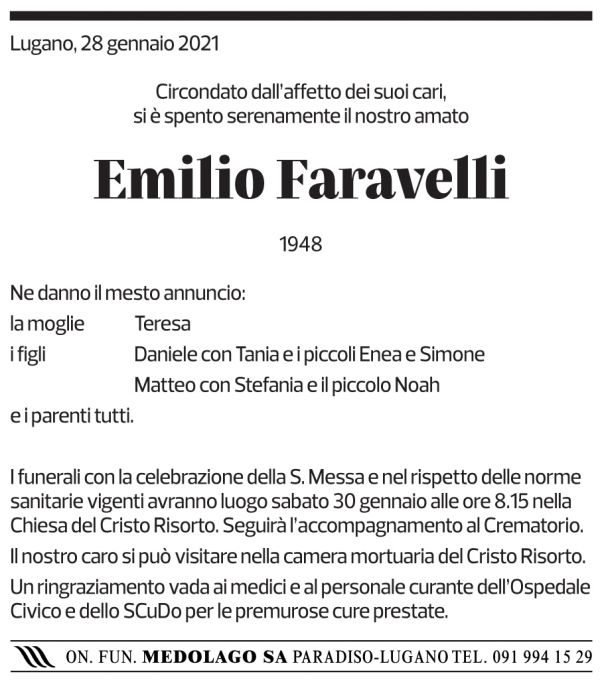 Annuncio funebre Emilio Faravelli