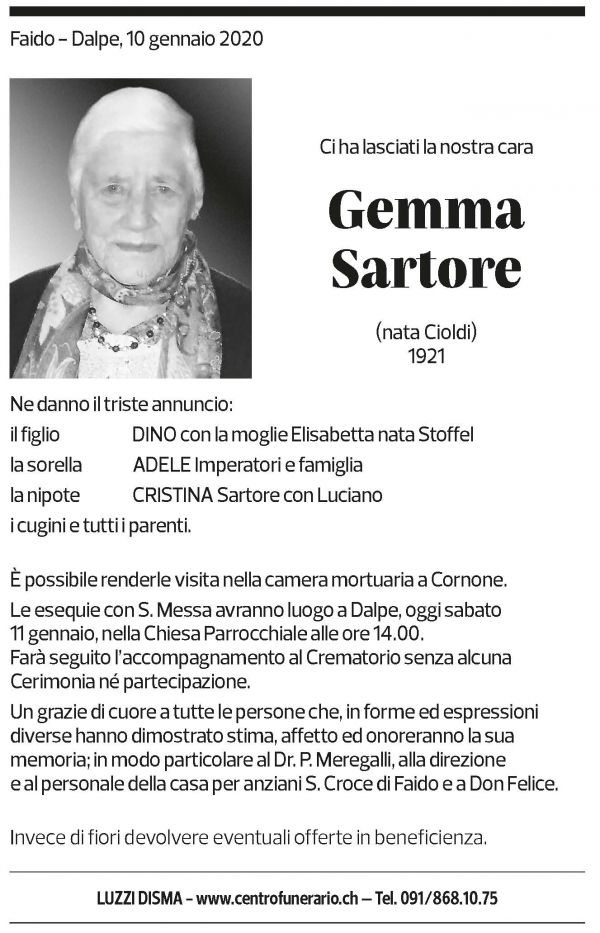 Annuncio funebre Gemma Sartore