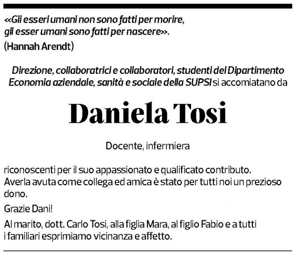 Annuncio funebre Daniela Tosi-imperatori