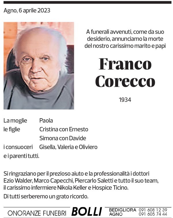 Annuncio funebre Franco Corecco