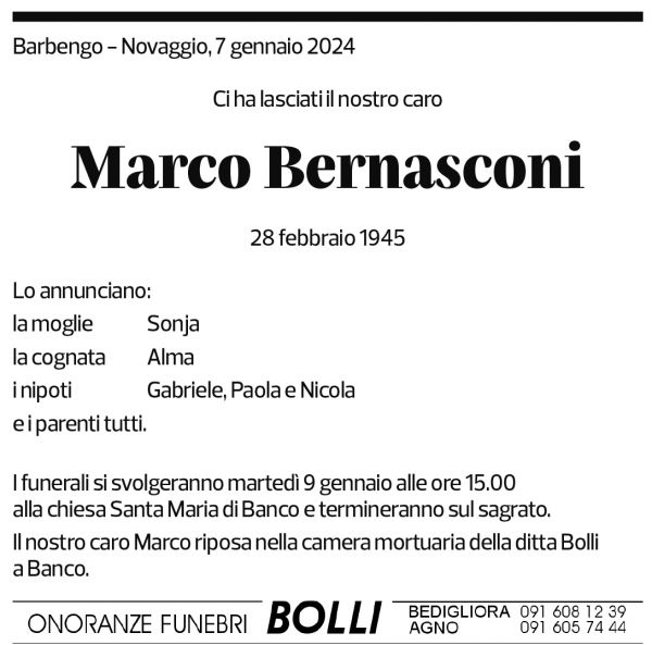 Annuncio funebre Marco Bernasconi