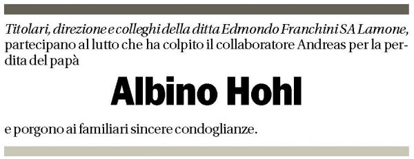 Annuncio funebre Albino Hohl