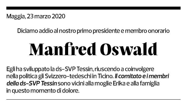 Annuncio funebre Manfred Oswald