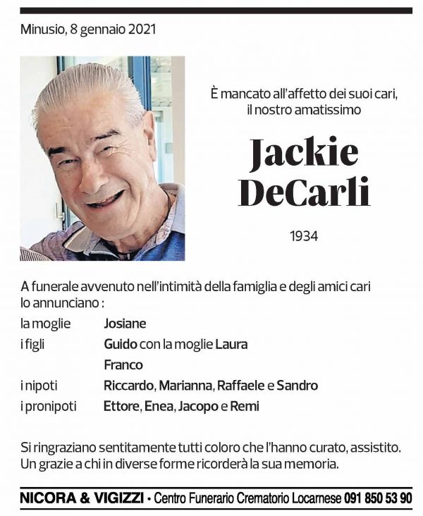 Annuncio funebre Jackie Decarli