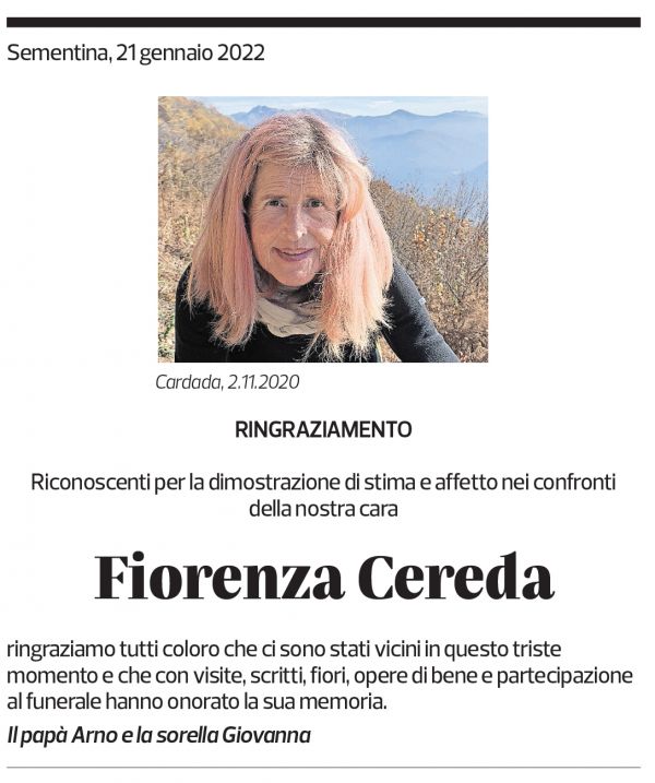 Annuncio funebre Fiorenza Cereda