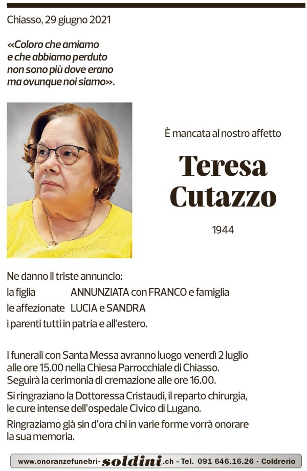 Annuncio funebre Teresa Cutazzo