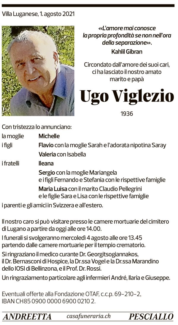 Annuncio funebre Ugo Viglezio