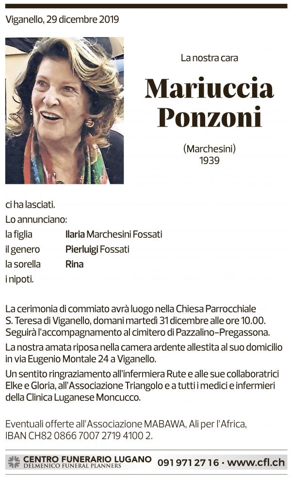 Annuncio funebre Mariuccia Ponzoni