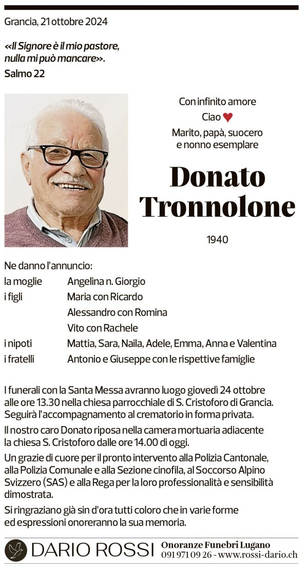 Annuncio funebre Donato Tronnolone