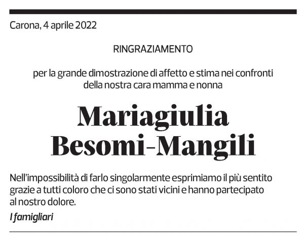 Annuncio funebre Mariagiulia Besomi-mangili