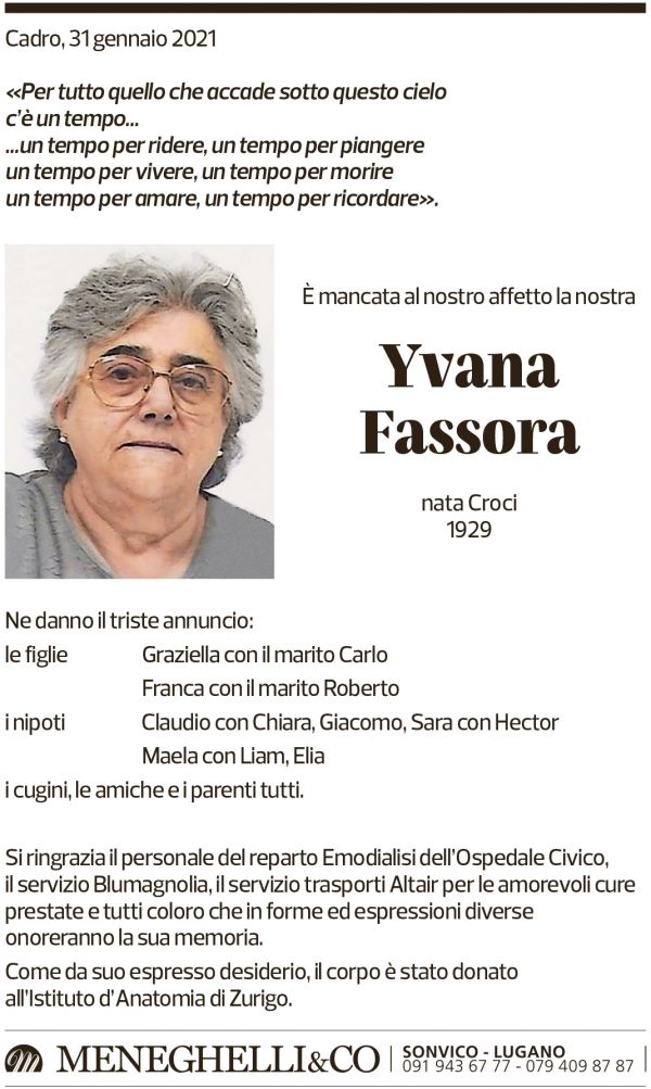 Annuncio funebre Yvana Fassora