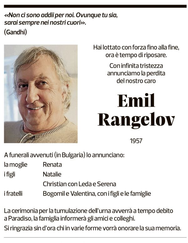 Annuncio funebre Emil Rangelov