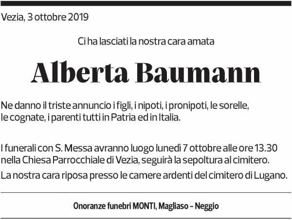 Annuncio funebre Alberta Baumann
