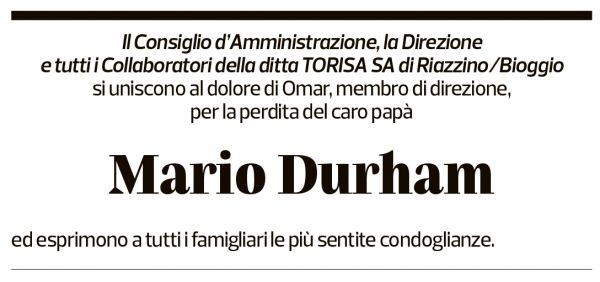 Annuncio funebre Mario Durham