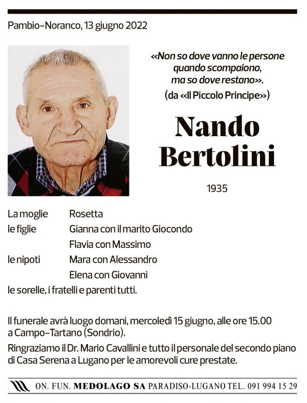 Annuncio funebre Nando Bertolini