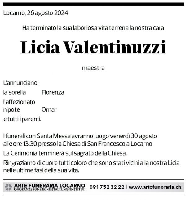 Annuncio funebre Licia Valentinuzzi