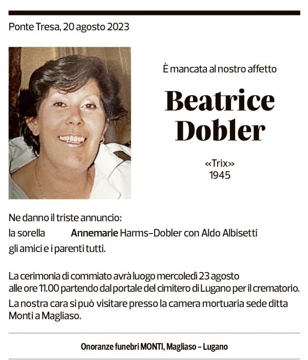 Annuncio funebre Beatrice Dobler