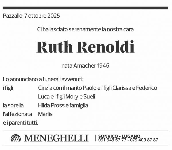 Annuncio funebre Ruth Renoldi