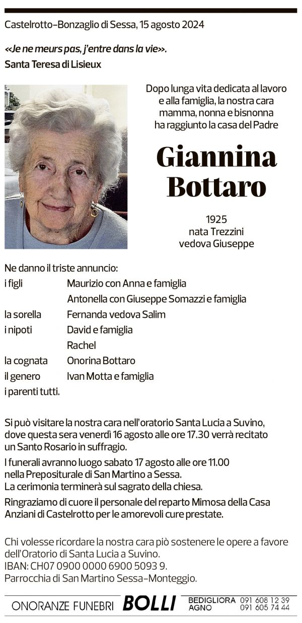 Annuncio funebre Giannina Bottaro