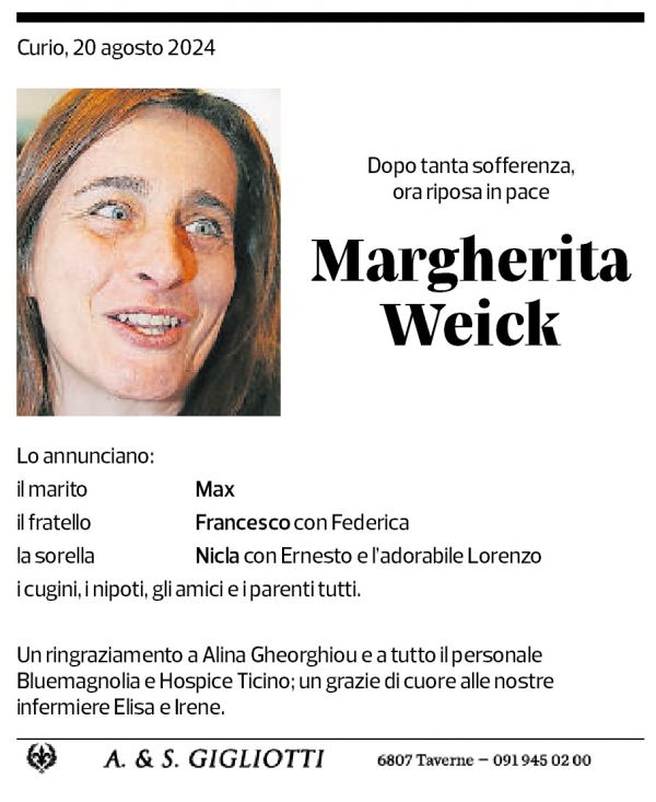 Annuncio funebre Margherita Weick