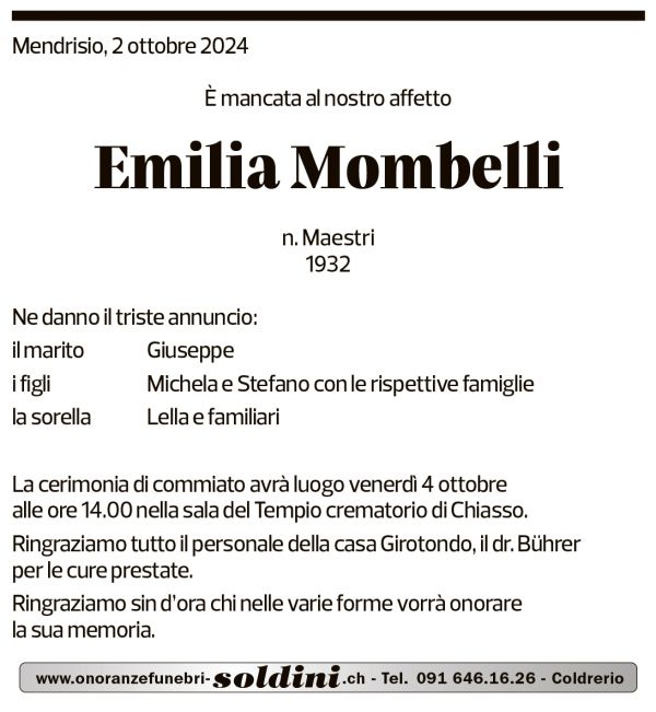 Annuncio funebre Emilia Mombelli