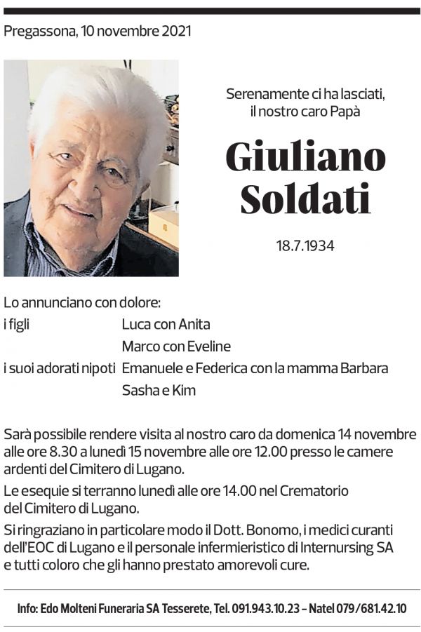 Annuncio funebre Giuliano Soldati