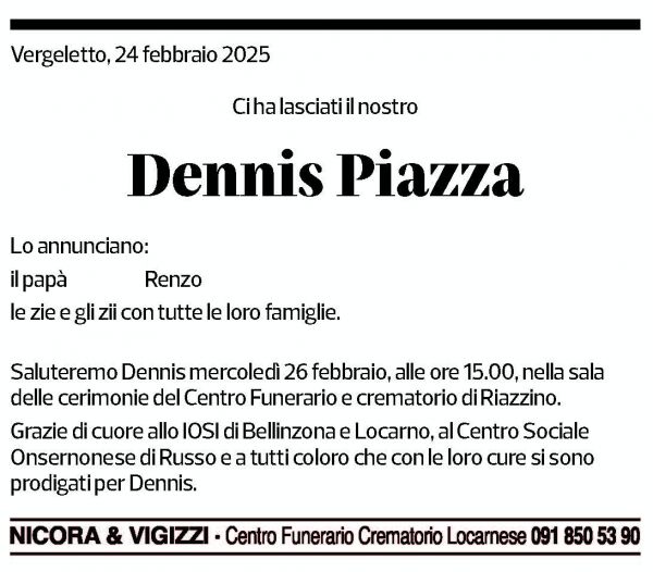 Annuncio funebre Dennis Piazza