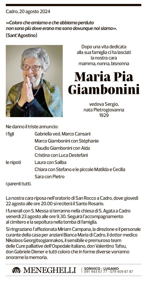 Annuncio funebre Maria Pia Giambonini