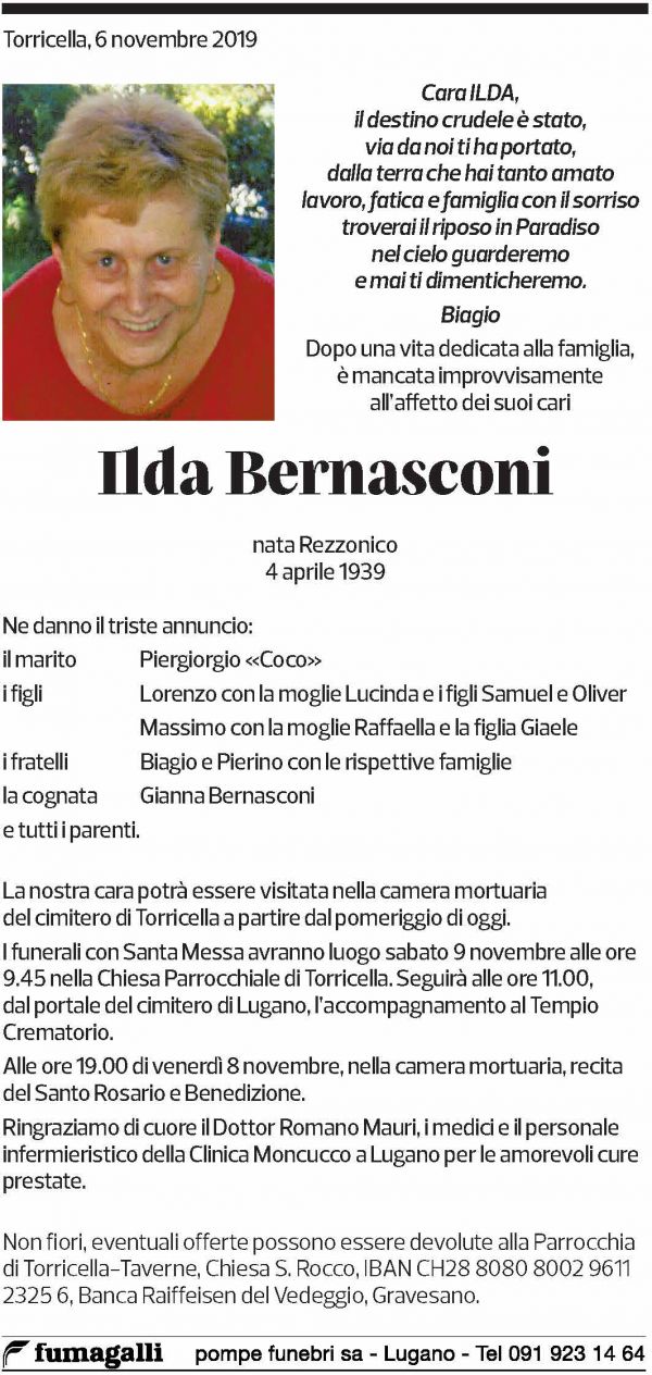 Annuncio funebre Ilda Bernasconi