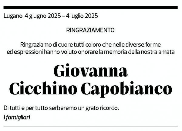 Annuncio funebre Giovanna Cicchino Capobianco
