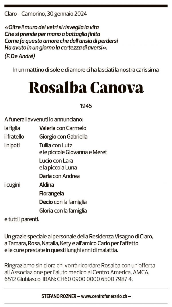 Annuncio funebre Rosalba Canova