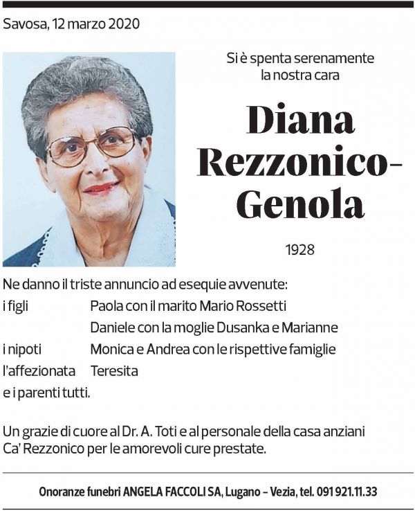 Annuncio funebre Diana Rezzonico-genola