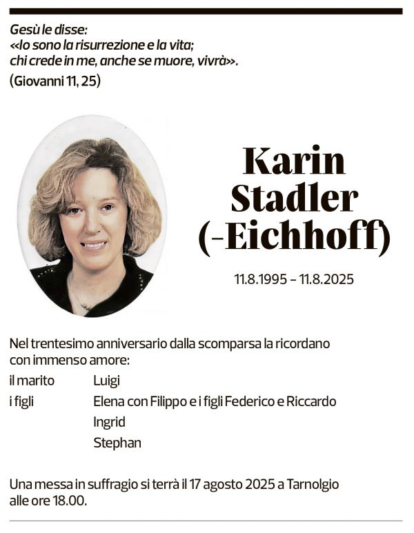 Annuncio funebre Karin Stadler-eichoff