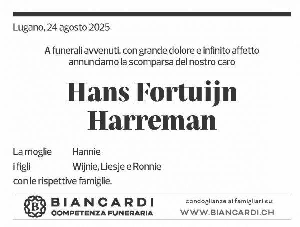 Annuncio funebre Hans Fortuijn Harreman