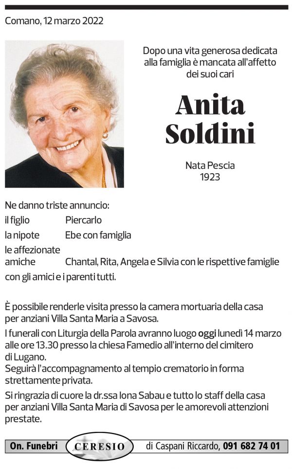 Annuncio funebre Anita Soldini