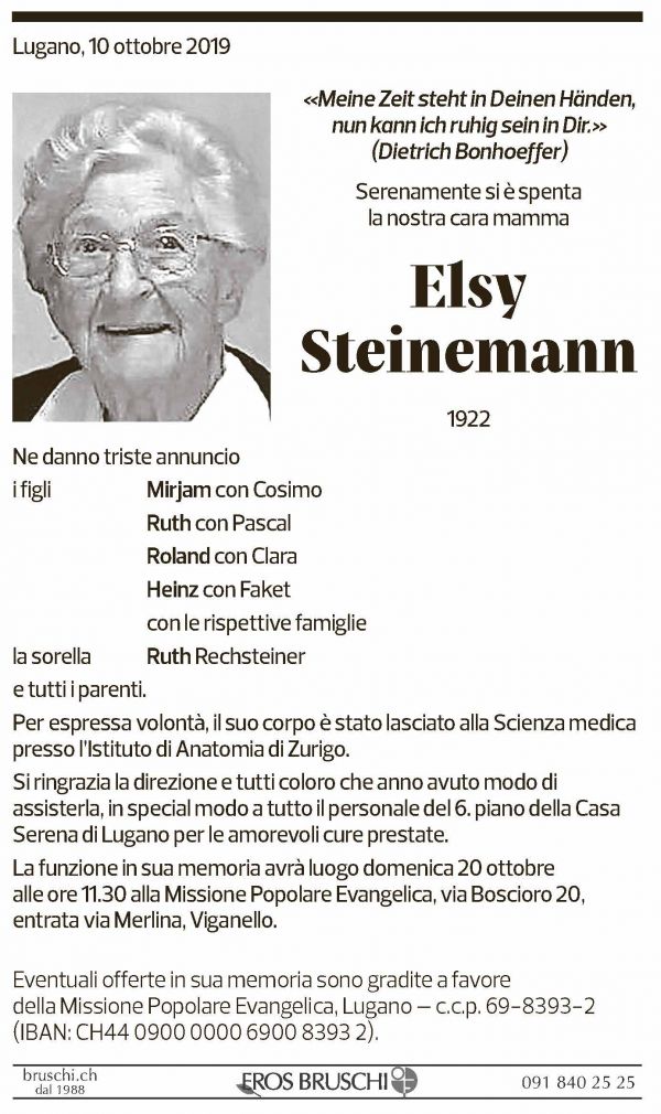 Annuncio funebre Elsy Steinemann