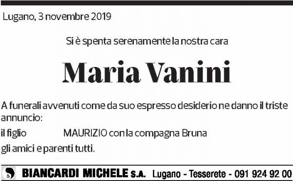 Annuncio funebre Maria Vanini
