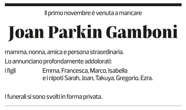 Annuncio funebre Joan Parkin Gamboni