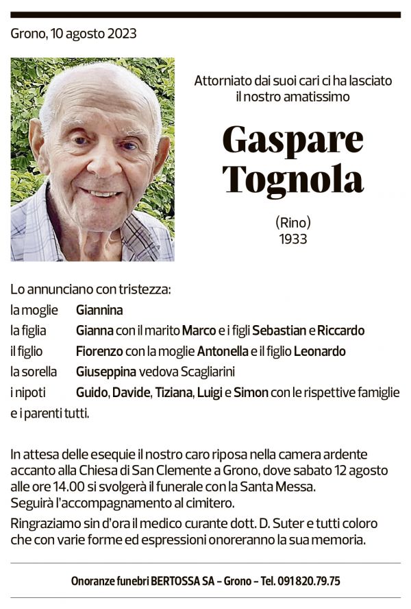 Annuncio funebre Gaspare Tognola