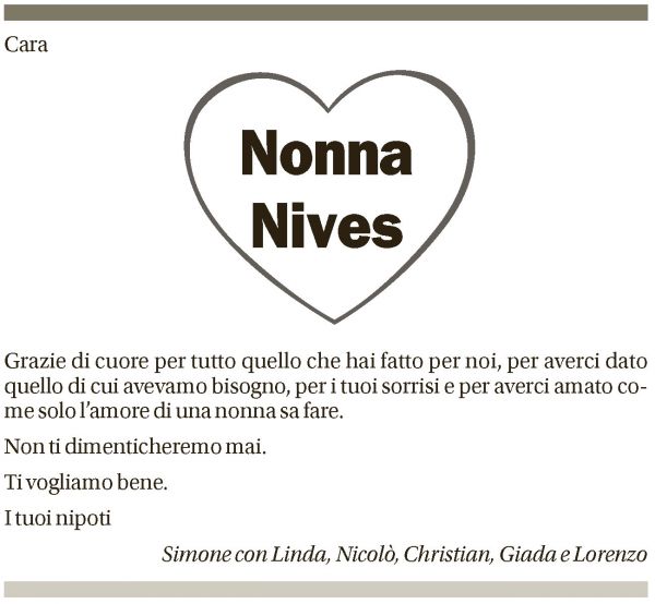 Annuncio funebre Nives Tabacchi