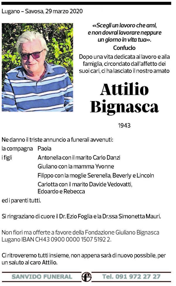 Annuncio funebre Attilio Bignasca
