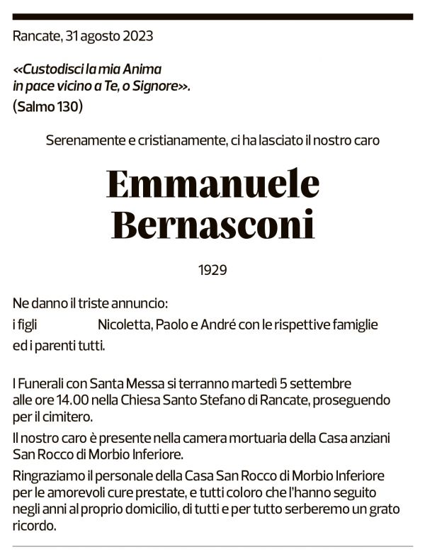 Annuncio funebre Emmanuele Bernasconi