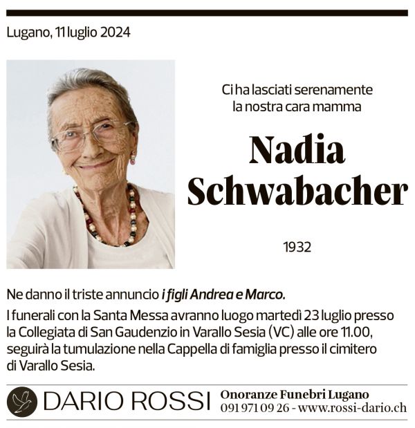 Annuncio funebre Nadia Schwabacher