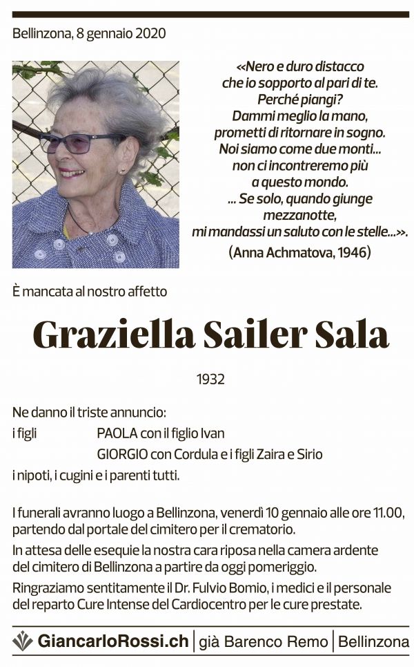 Annuncio funebre Graziella Sailer Sala