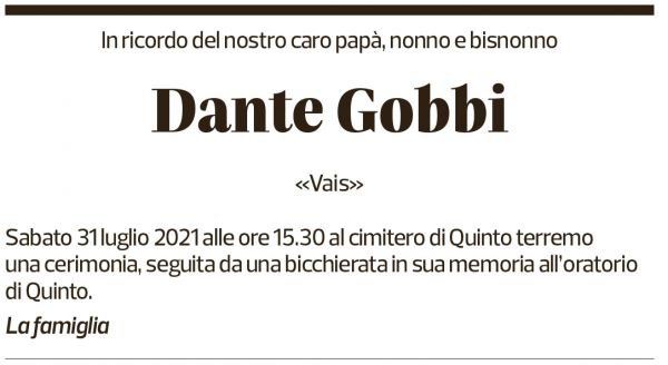 Annuncio funebre Dante Gobbi