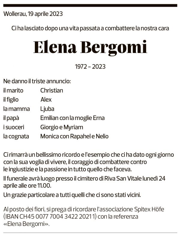 Annuncio funebre Elena Bergomi