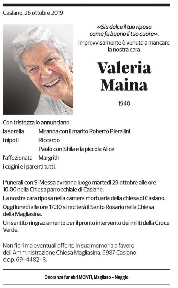 Annuncio funebre Valeria Maina