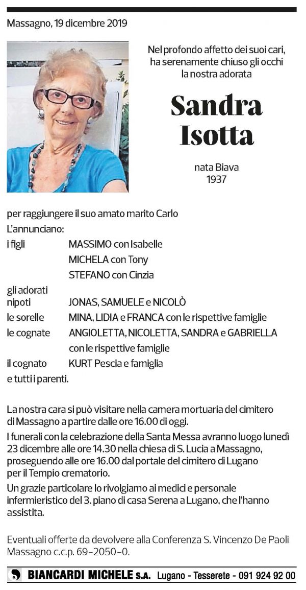 Annuncio funebre Sandra Isotta