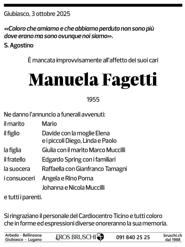Annuncio funebre Manuela Fagetti