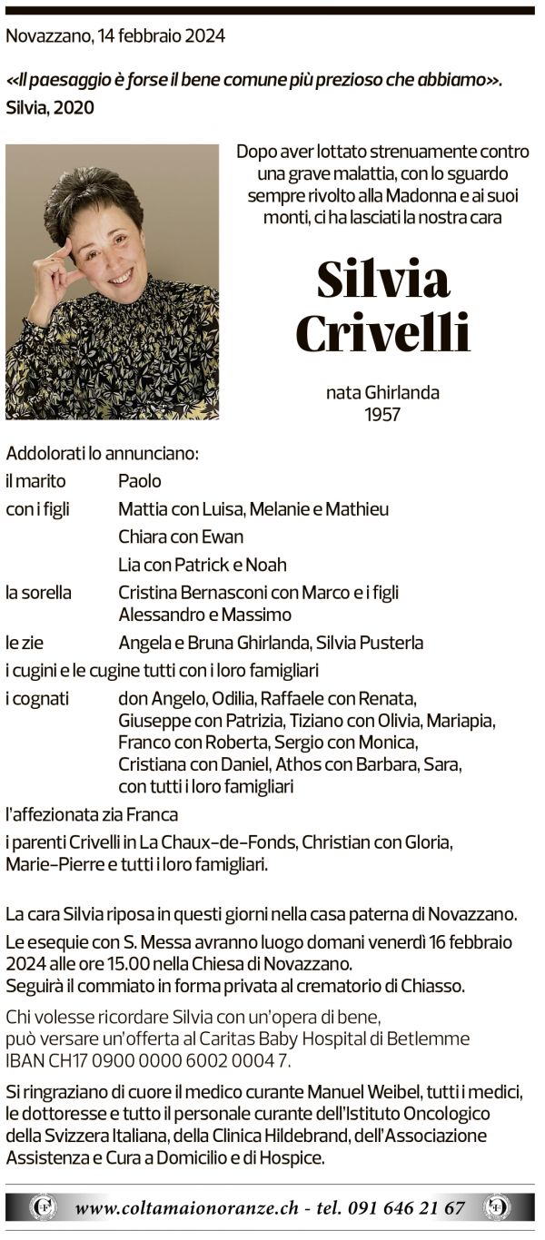 Annuncio funebre Silvia Crivelli